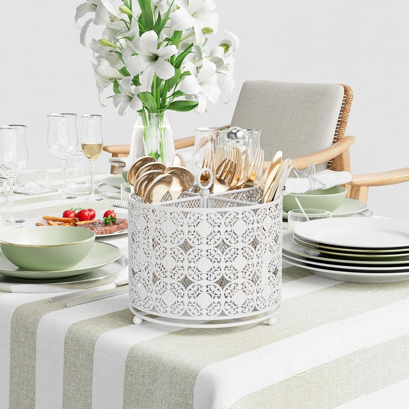 YIUKEA Rotating Utensil Caddy Holder - Higher Raised Cutlery Caddy Countertop - Metal Silverware Caddy Organizer with 4 Compartment for Kitchen Counter Party Office white - Image 3